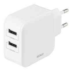 Deltaco USB-vægoplader, 2x USB-A, 4,8 A, Hvid