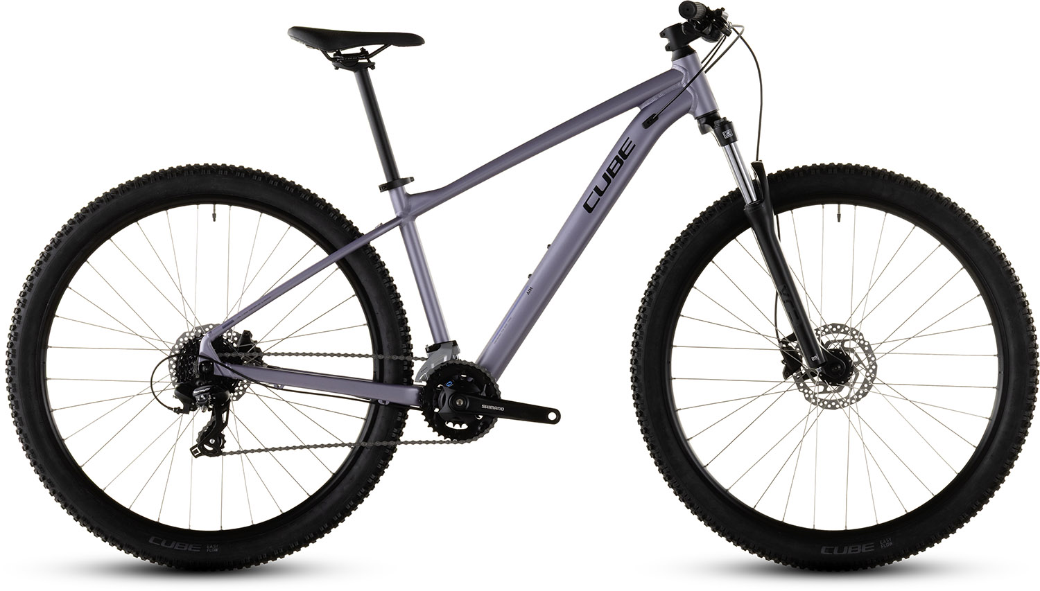 Cube Aim One 2026 Mountainbike i Lyslilla og Chrome